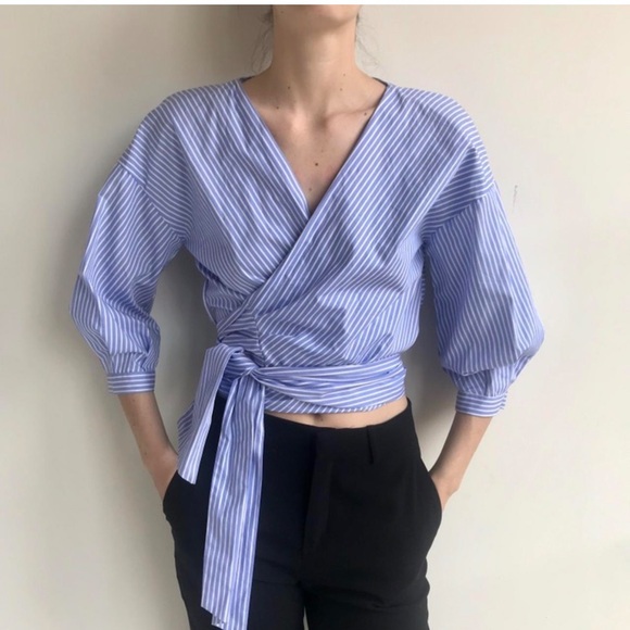 Zara Blue White Stripe Short Shirt Wrap Around Size Small - Picture 2 of 8